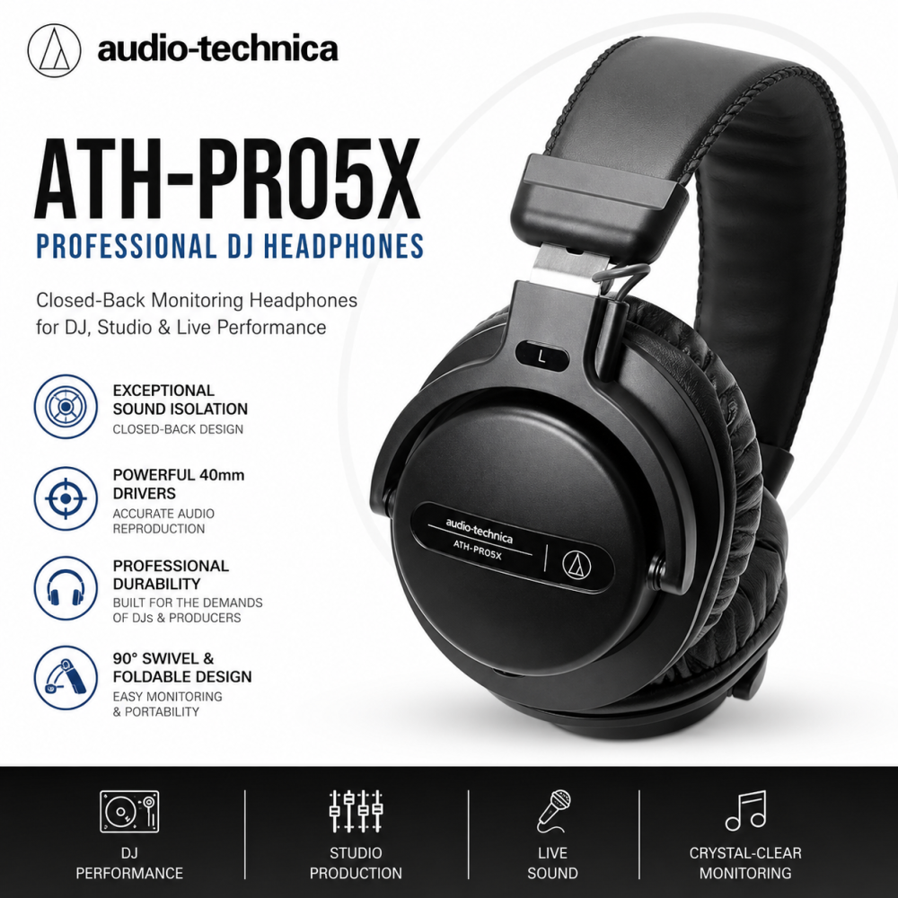 Audio-Technica ATH-PRO5X Professional DJ Headphones | Closed-Back Monitoring Headphones for DJ, Studio & Live Performance