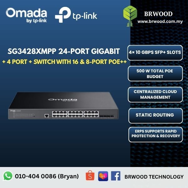 OMADA TP-LINK SG3428XMPP: Access Plus 24-Port Gigabit and 4-Port 10GE SFP+ Switch with 16-Port PoE+ & 8-Port PoE++