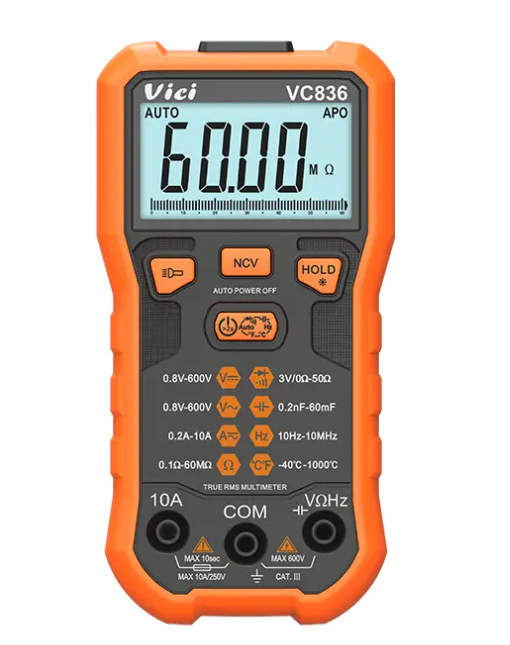 Vici VC836 Intelligent True RMS, NCV tests, Analog bar display, Data hold, Backlight, Torch lighting function.
