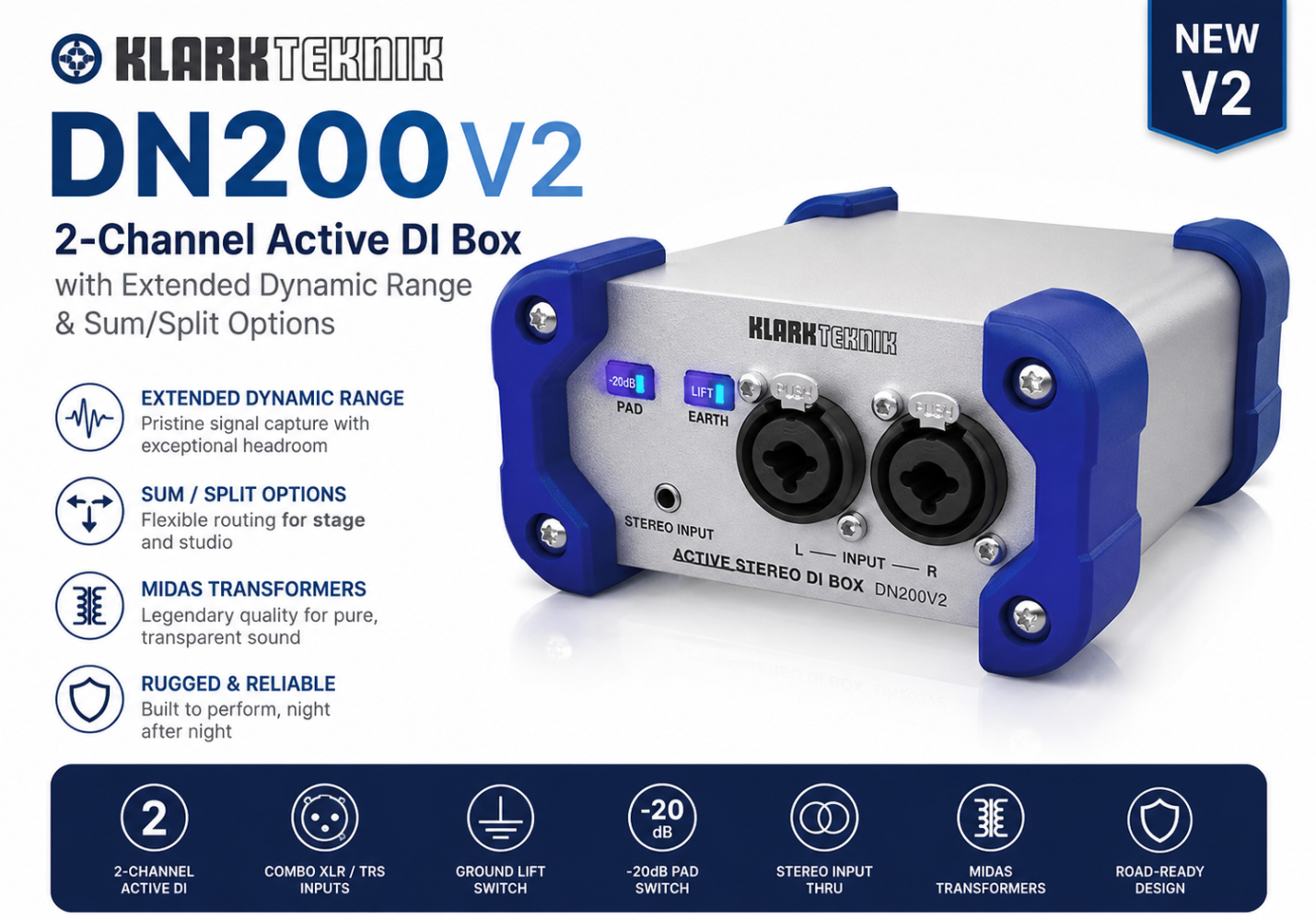 Klark Teknik DN200V2 – 2-Channel Active DI Box with Extended Dynamic Range & Sum/Split Options