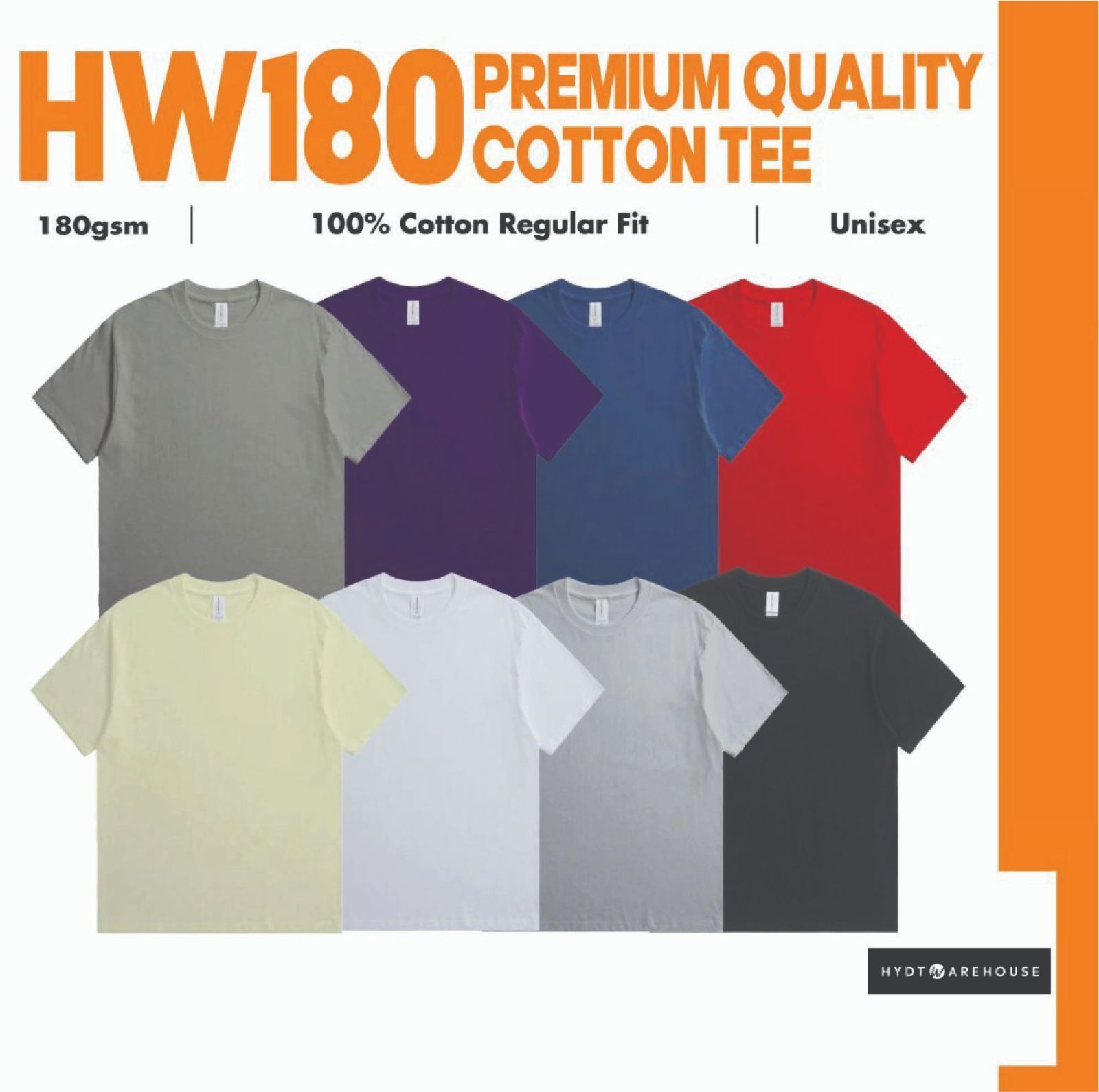 HYDT WAREHOUSE Premium Cotton 180gsm T-Shirt Unisex Adult Regular Fit Combed Cotton Tshirt Baju Tebal HW180