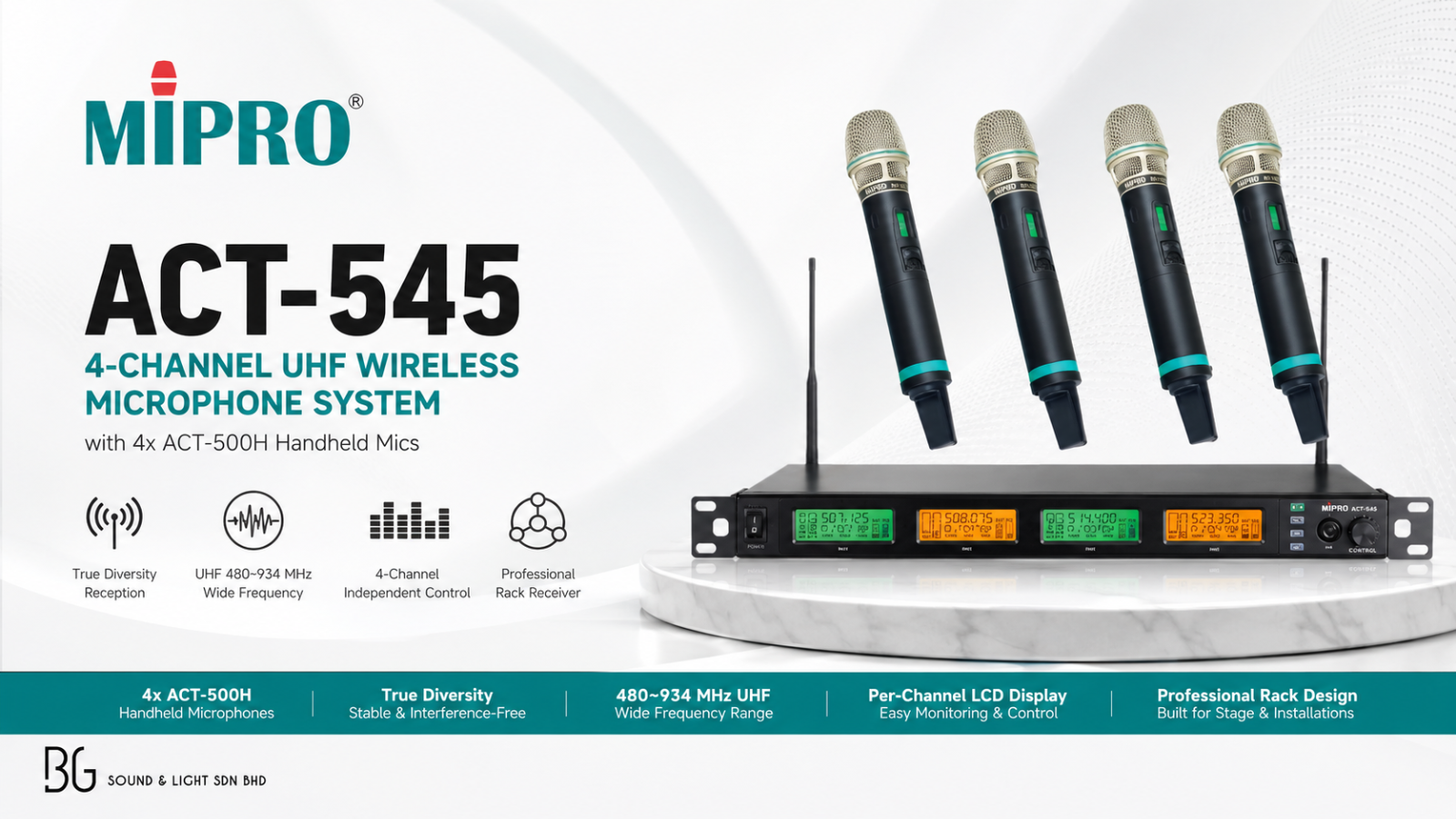 MIPRO ACT-545 Sistem Mikrofon Tanpa Wayar 4 Saluran UHF (4x ACT-500H Handheld) Penerima True Diversity Profesional