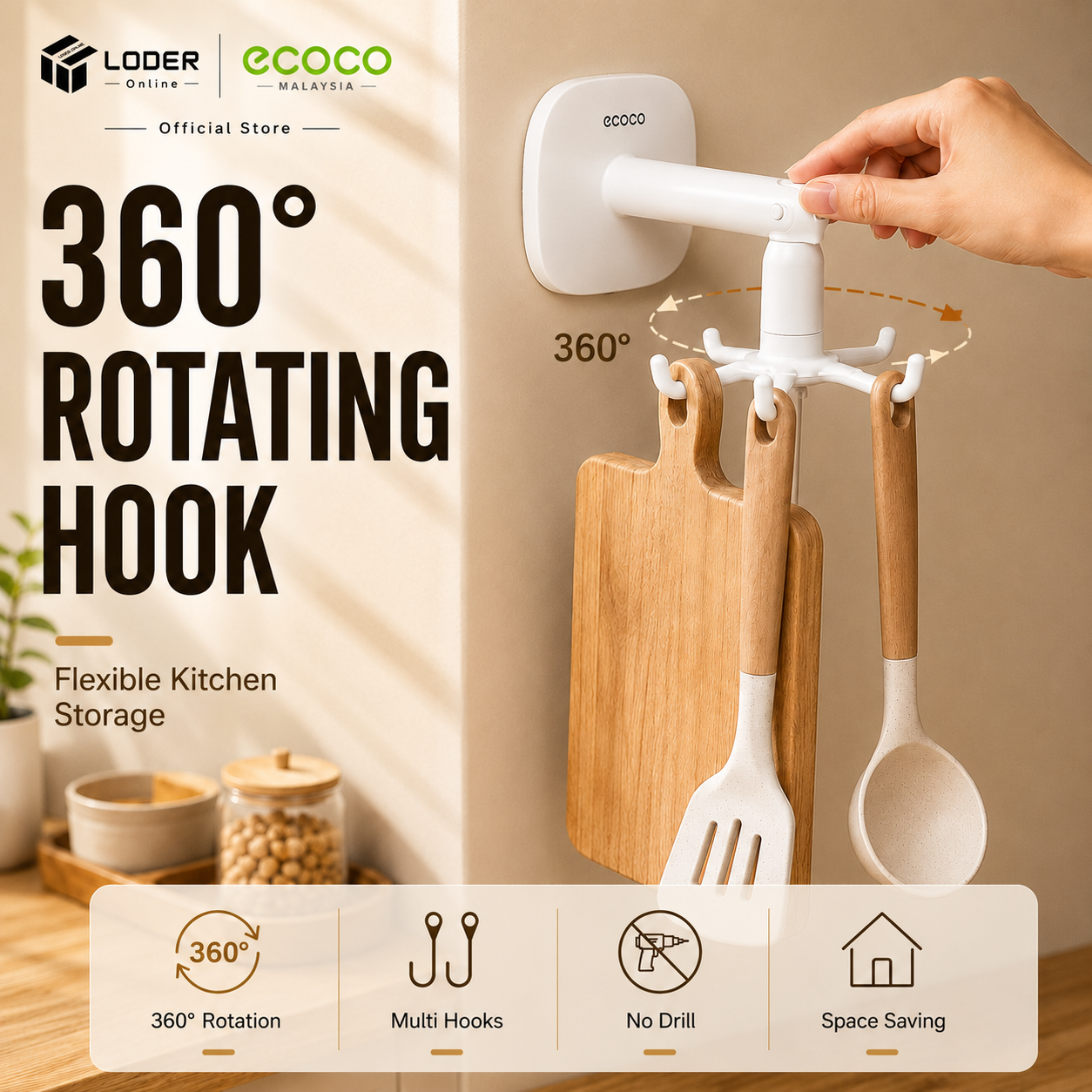 LODER ECOCO 360掳 Rotating Hook 6 Hook Wall Mounted Adhesive No Drill Kitchen Bathroom Organizer