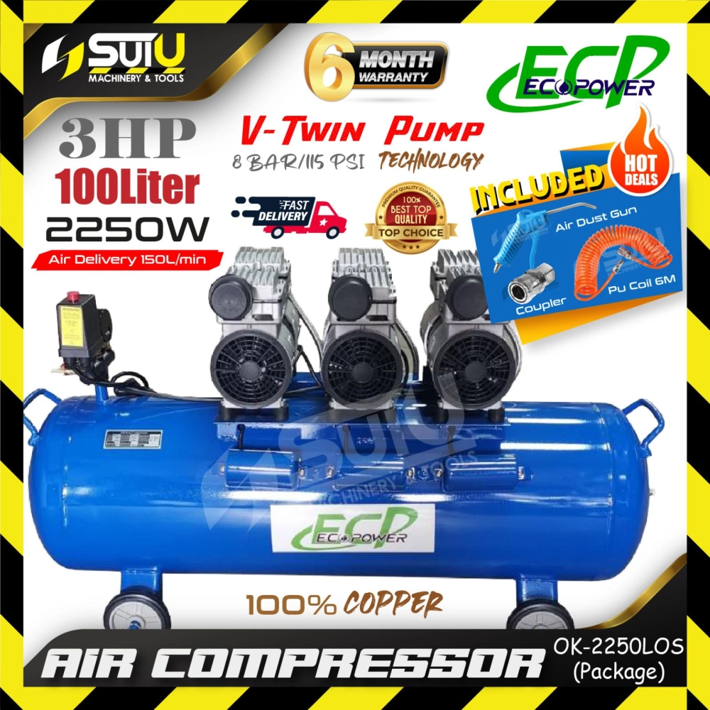 [PACKAGE] ECOPOWER / ECP OK-2250LOS / OK2250LOS / OK-2250 LOS 100L 3HP 8Bar Air Compressor / Kompressor 2250W