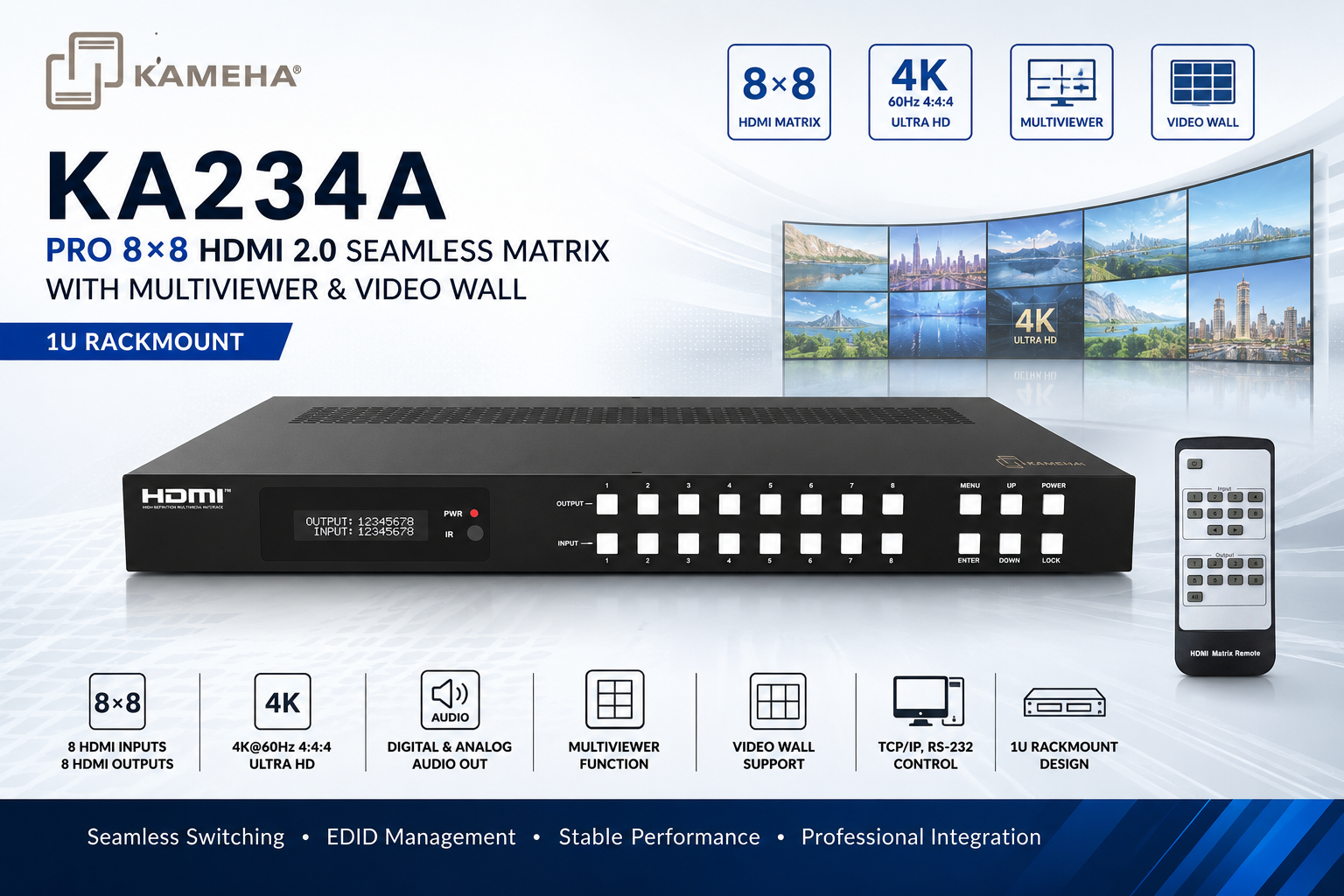 KAMEHA KA234A Profesional Matriks HDMI 2.0 8×8 Seamless dengan Multiviewer & Video Wall – 1U Rackmount