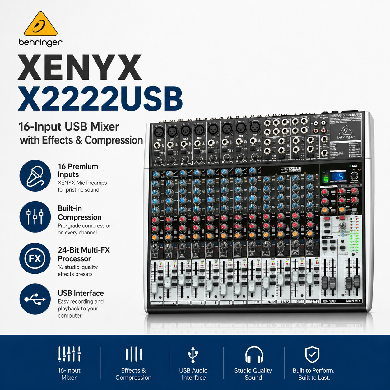 Behringer XENYX X2222USB – Pengadun USB 16-Input dengan Kesan & Pemampat