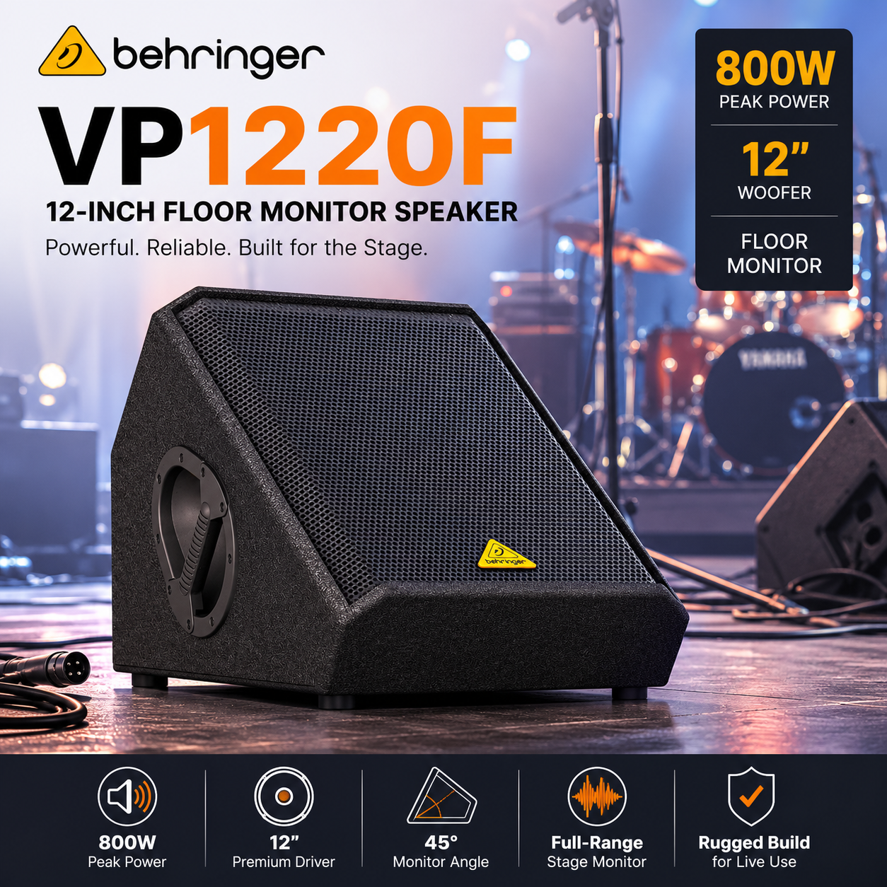 Behringer VP1220F – 12英寸800W舞台返听音箱，适用于现场监听与扩声系统