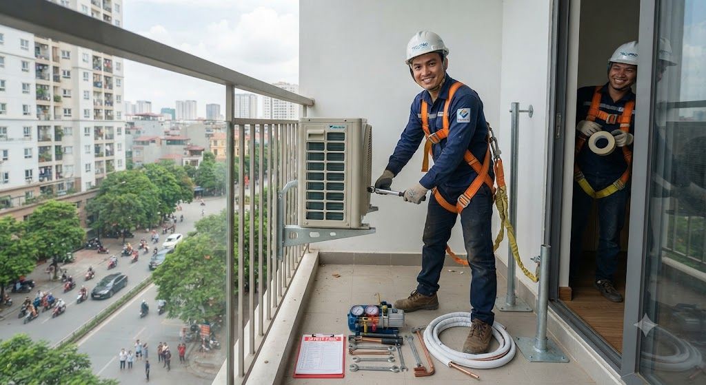 safe installation of aircon outdoor unit at height