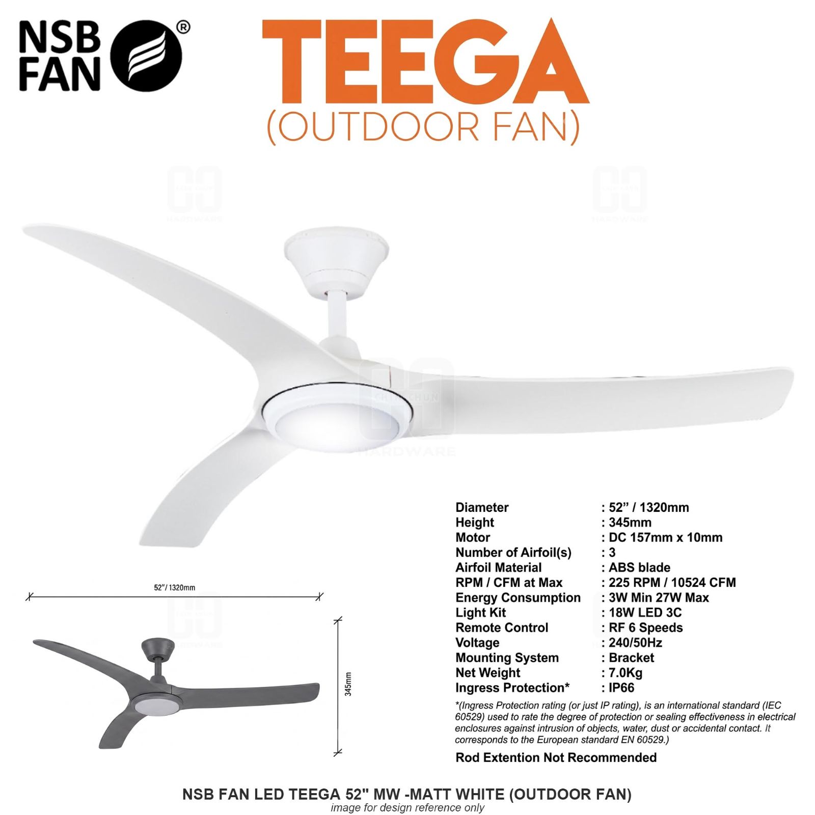 NSB FAN LED TEEGA 52" MW -MATT WHITE (OUTDOOR FAN)
