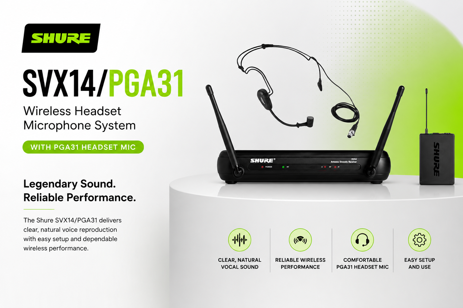 Shure SVX14/PGA31 Sistem Mikrofon Kepala Tanpa Wayar dengan Mikrofon Headset PGA31