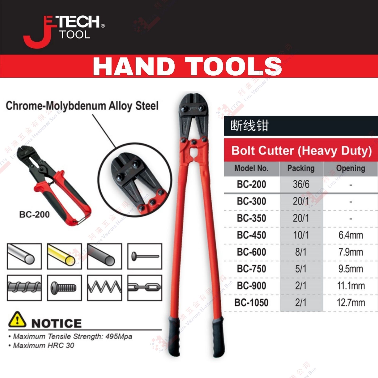 JE TECH BRAND BOLT CUTTER - BC200 BC300 BC350 BC450 BC600 BC750 BC900 BC1050