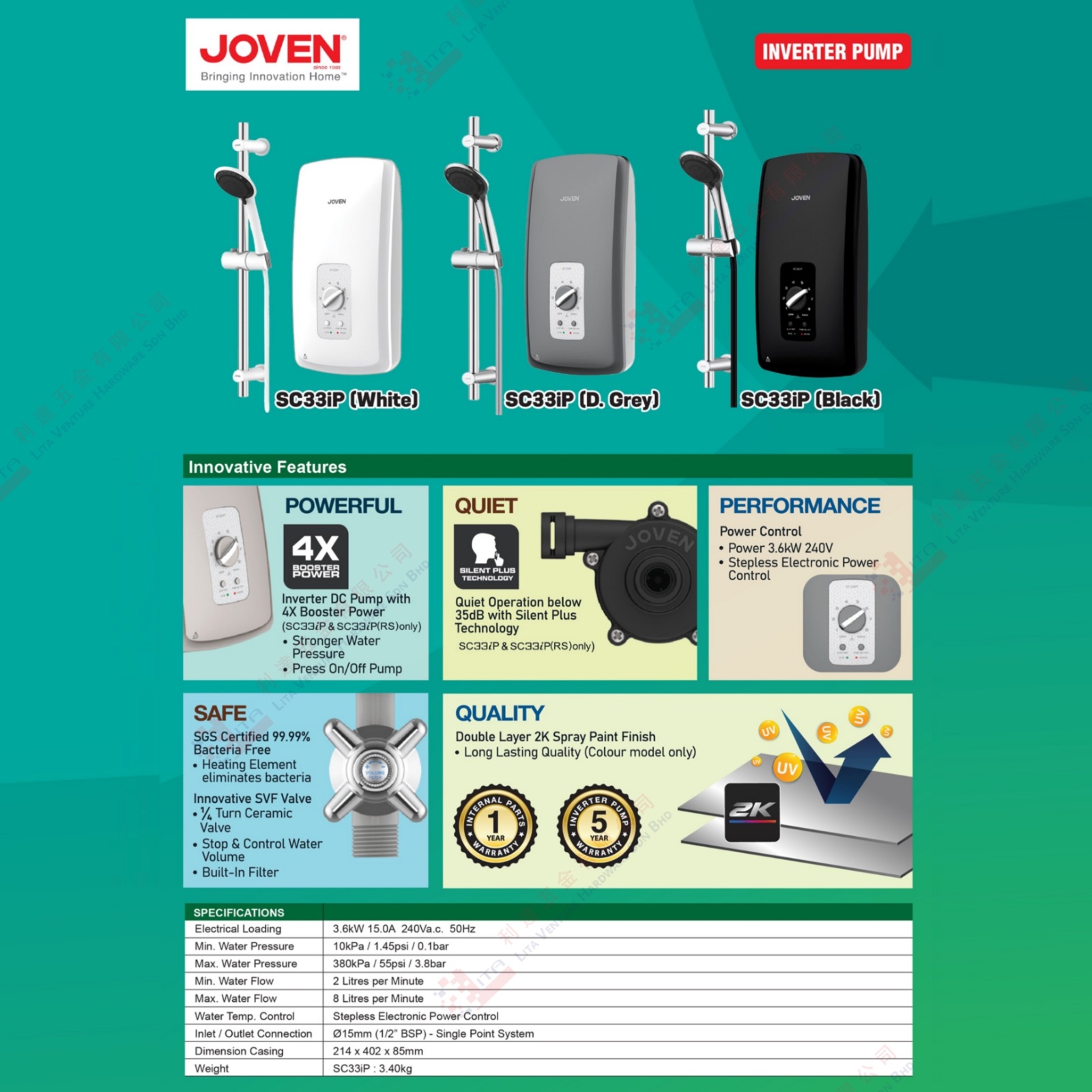 JOVEN BRAND INVERTER PUMP - SC33IP(WHITE) SC33IP(D.GREY) SC33IP(BLACK)
