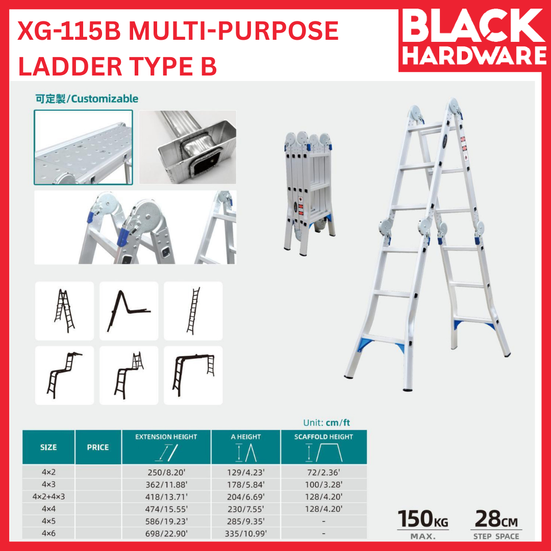 Black Hardware XG-115B Multi-Purpose Aluminium Ladder | Heavy-Duty Flared-Leg Folding Ladder Malaysia