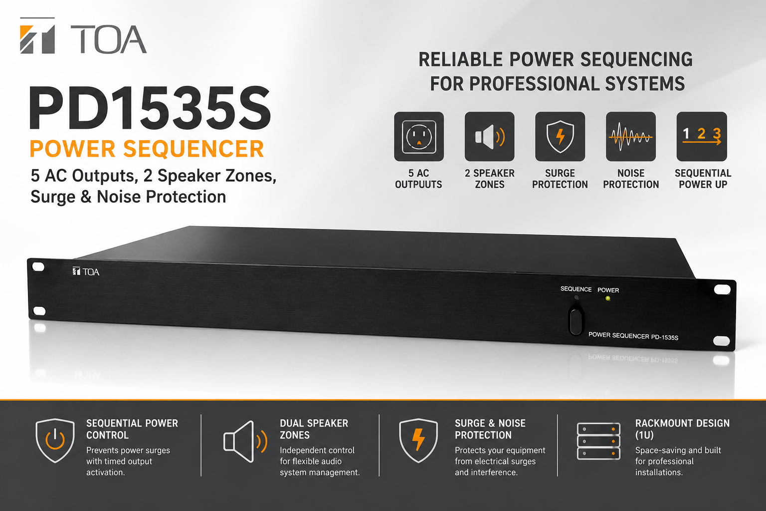 TOA PD1535S Power Sequencer – 5 Output AC, 2 Zon Speaker, Perlindungan Surges & Bunyi