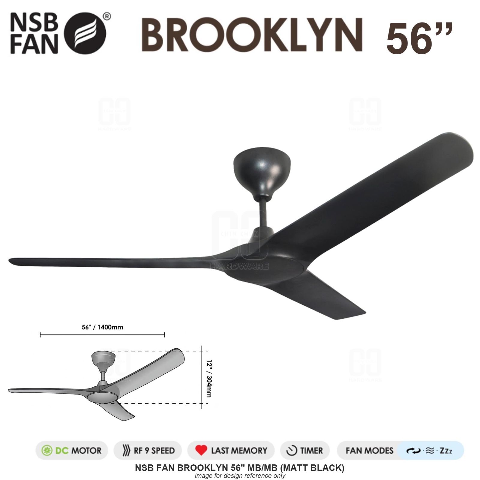 NSB FAN BROOKLYN 56" MB/MB MATT BLACK