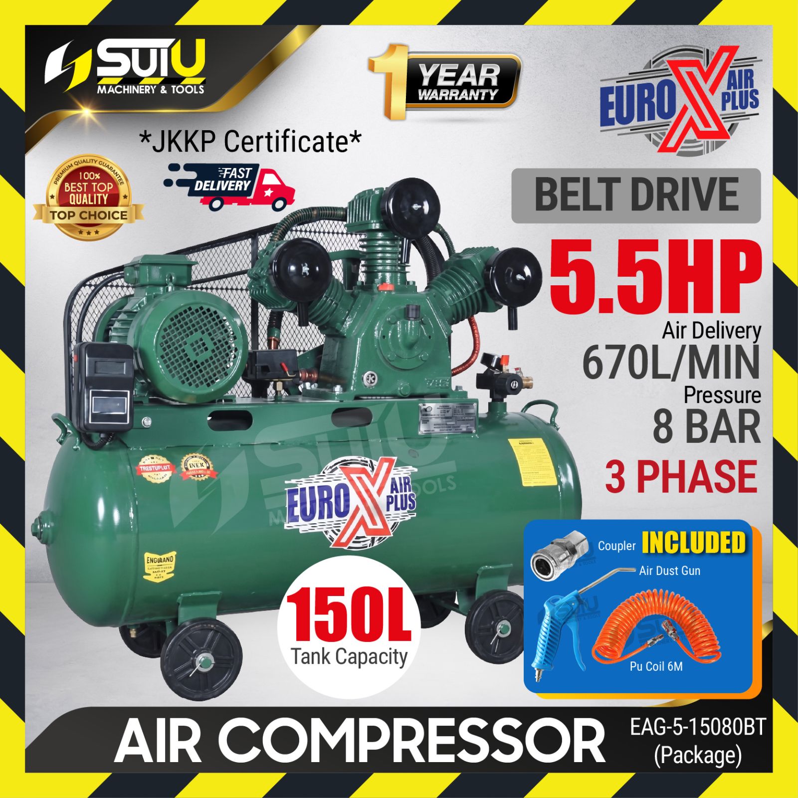 EUROX AIR PLUS EAG-5-15080BT / EAG515080BT 150L 5.5HP Air Compressor / Kompressor 4kW