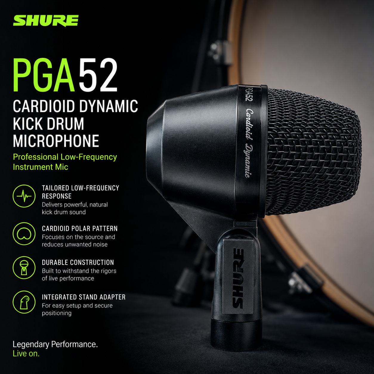 Shure PGA52 Mikrofon Dinamik Kardioid Dram Bass – Mikrofon Profesional untuk Instrumen Frekuensi Rendah