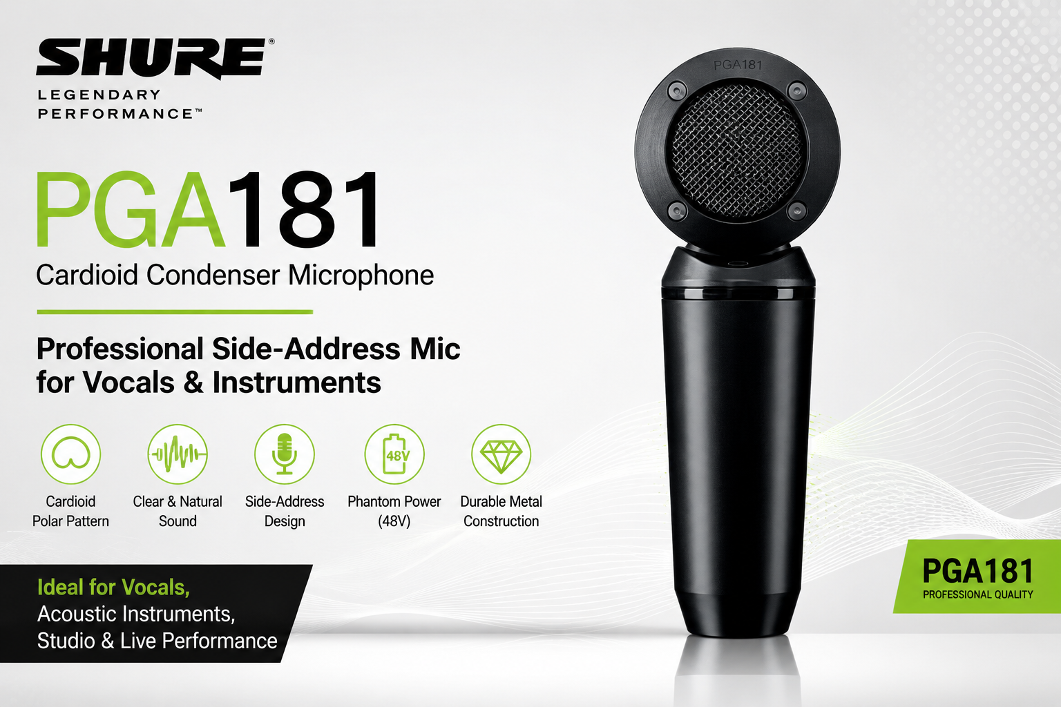 Shure PGA181 Cardioid Condenser Microphone – Professional Side-Address Mic for Vocals & Instruments