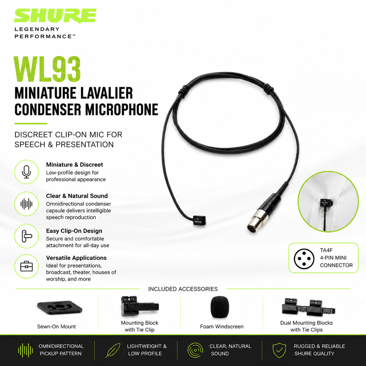 Shure WL93 Miniature Lavalier Condenser Microphone – Discreet Clip-On Mic for Speech & Presentation
