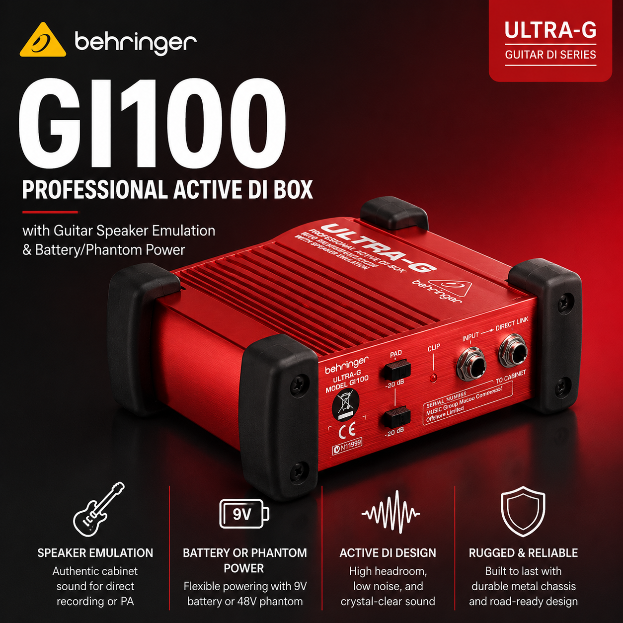 Behringer GI100 – Professional Active DI Box with Guitar Speaker Emulation & Battery/Phantom Power
