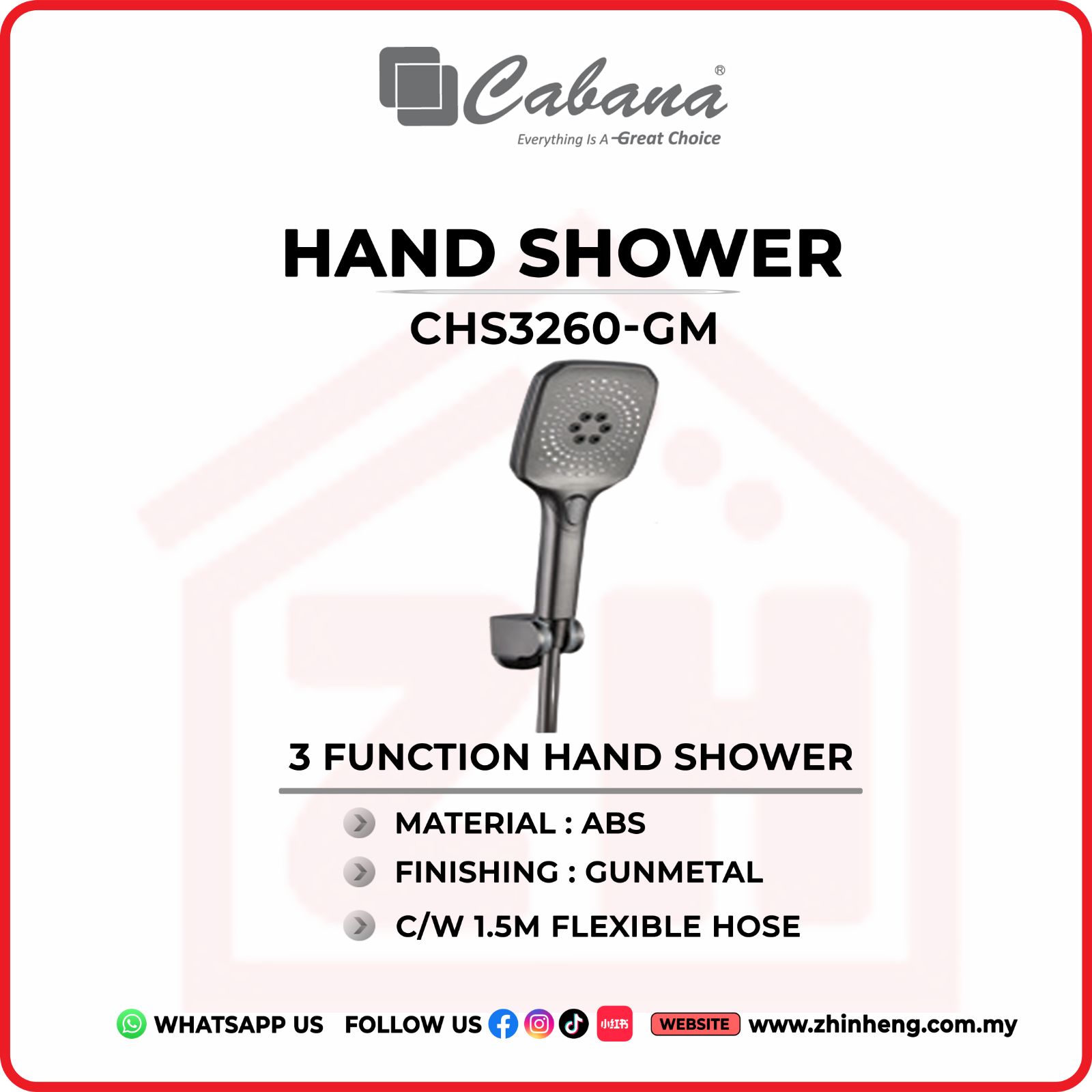 CABANA 3 FUNCTION HAND SHOWER C/W 1.5M FLEXIBLE HOSE  CHS3260-GM