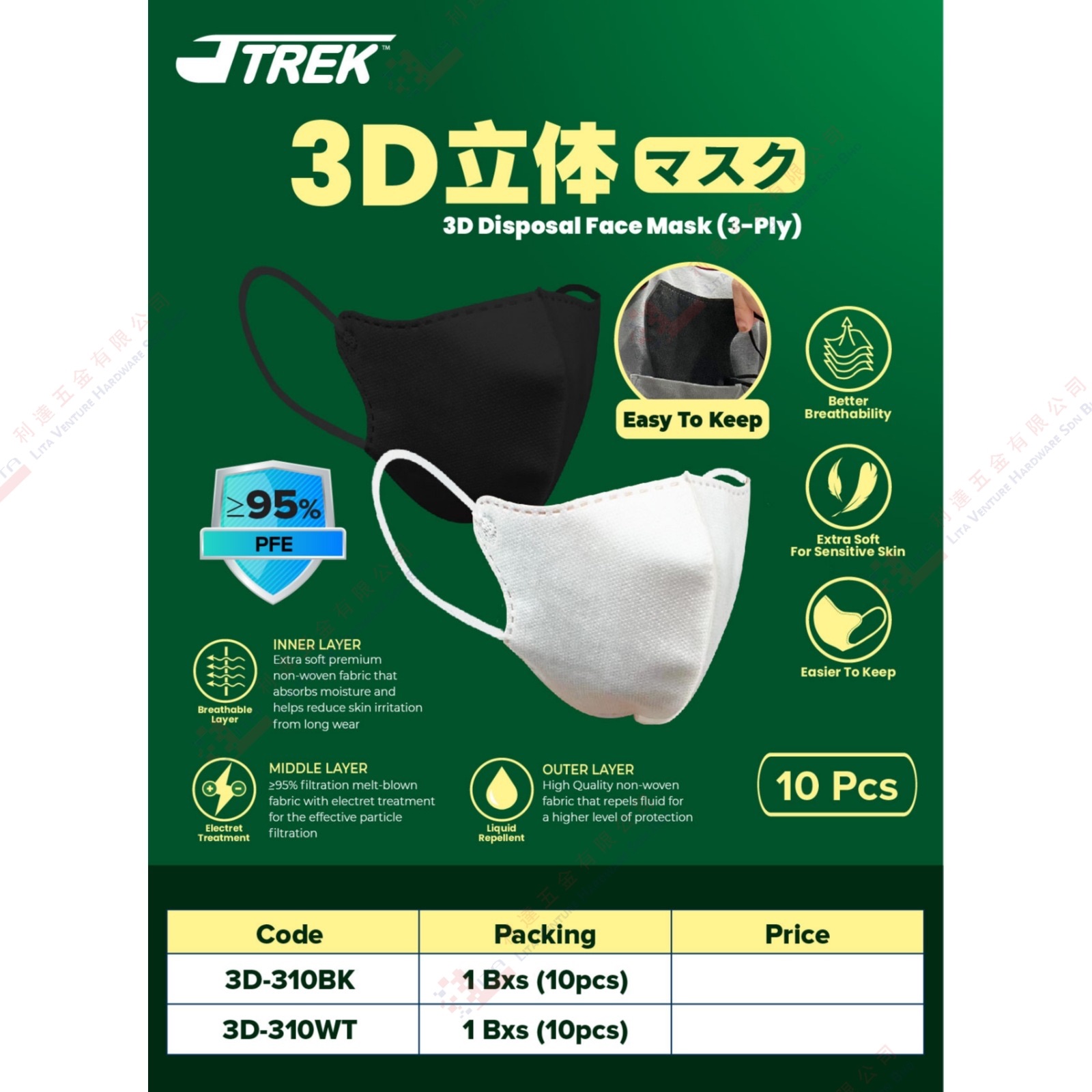 JTREK BRAND FACE MASK 3PLY - 3D310BK 3D310WT