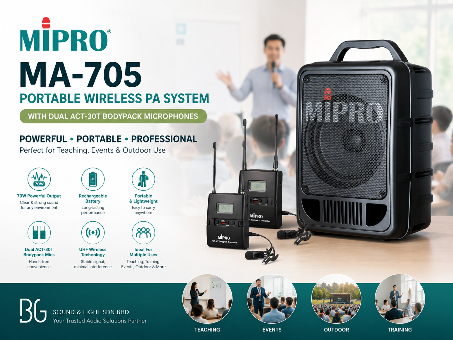 MIPRO MA-705 便携式无线扩音系统 + 双ACT-30T领夹麦克风｜70W 充电式教学/演讲/活动音响系统