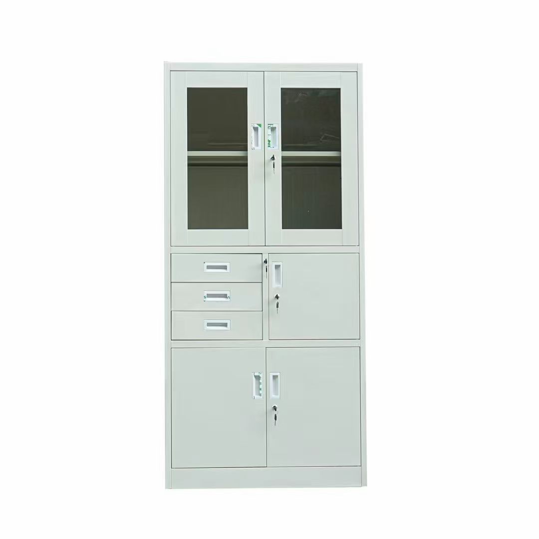 Half Glass Steel Cabinet c/w 3 Middle Drawer & Safebox