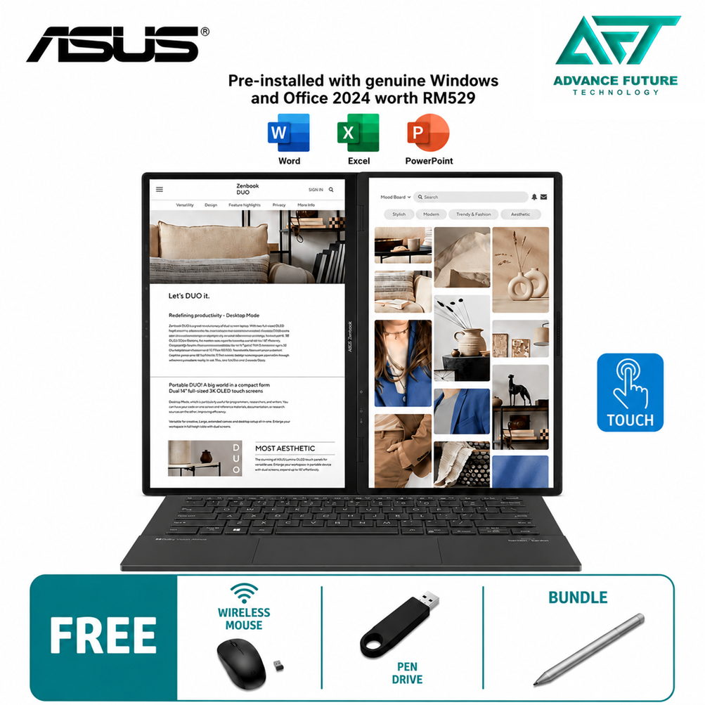 Asus Zenbook Duo UX8406C-AQL290WS 14" FHD OLED Touch Laptop Inkwell Gray ( Intel Core Ultra 7 255H, 32GB, 1TB SSD, Intel, W11, H&S 2024&M365 )