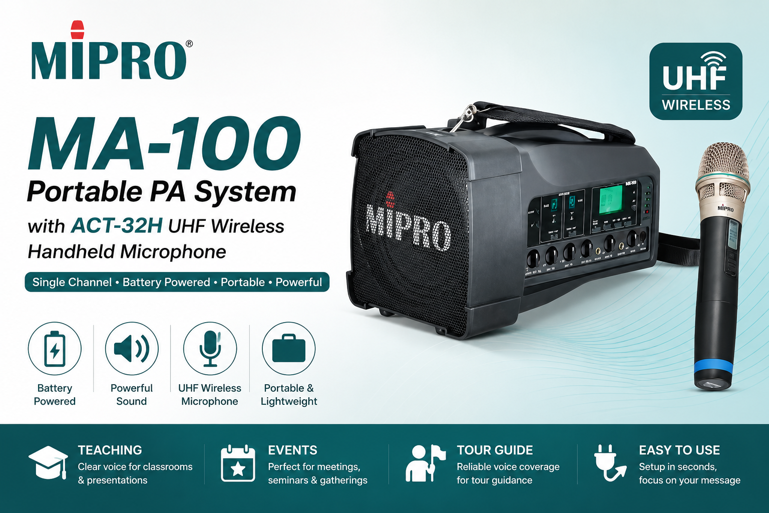 MIPRO MA-100 Portable PA System with ACT-32H UHF Wireless Handheld Microphone Single Channel Battery Powered Speaker for Teaching, Events & Tour Guide