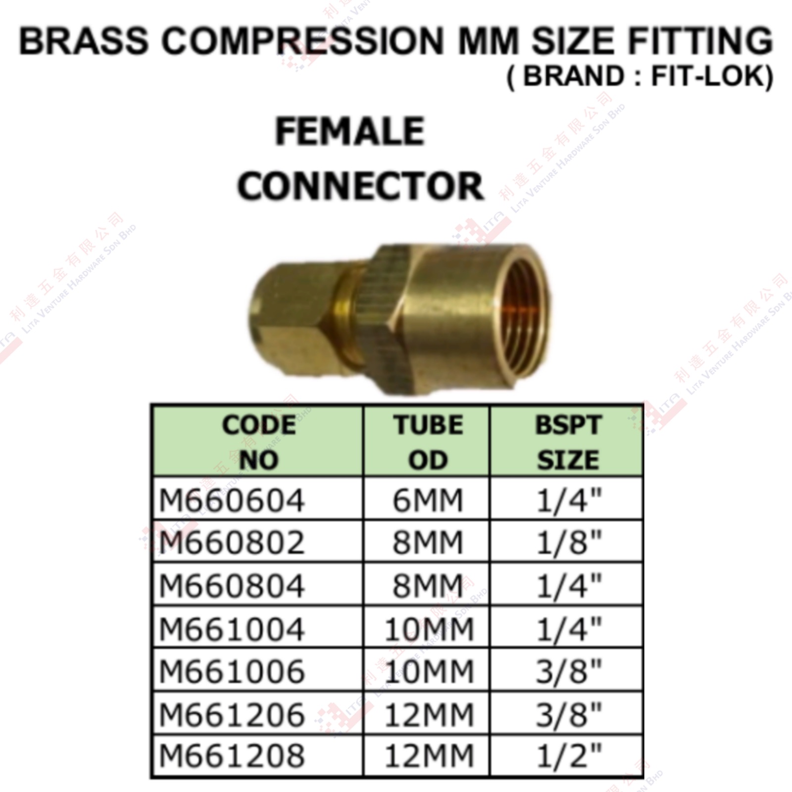BRASS COMPRESSION MM SAIZ FEMALE CONNECTOR - M660604 M660802 M660804 M661004 M661006 M661206 M661208