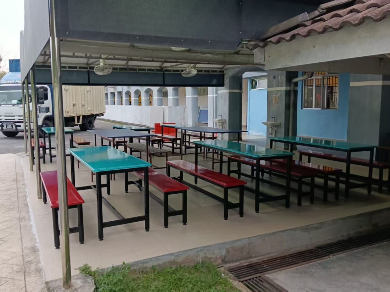 Canteen Table Set Malaysia – 6 Seater Fibreglass Table & Bench | Food Court | School | Factory Canteen Supplier KL Penang
