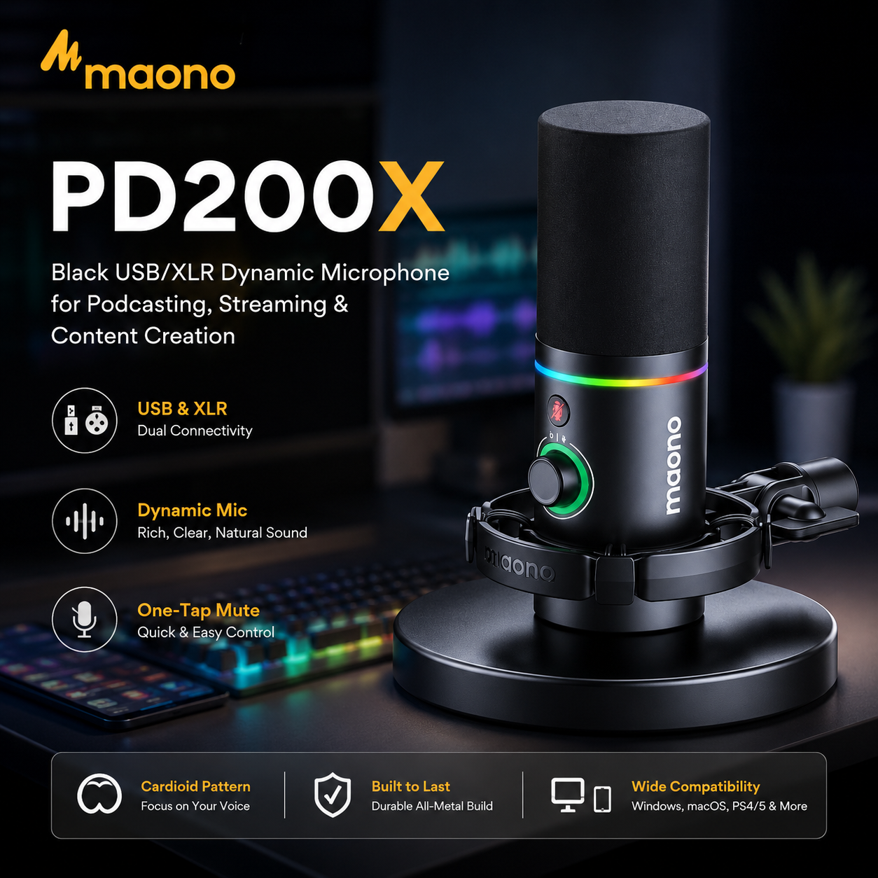 Maono PD200X – Black USB/XLR Dynamic Microphone for Podcasting, Streaming & Content Creation