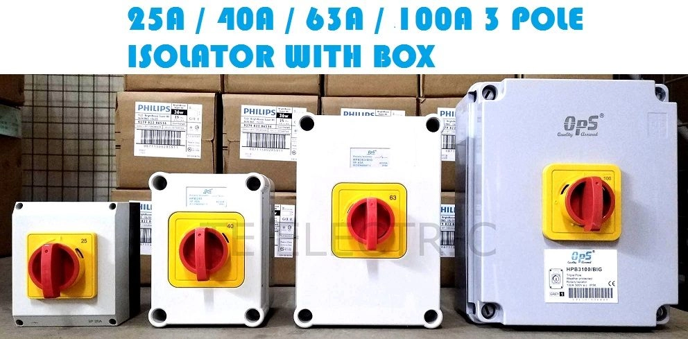 OPS 25A / 40A / 63A / 100A 3 POLE ISOLATING SWITCH WITH ENCLOSURE BOX IP66 WEATHERPROOF ISOLATOR