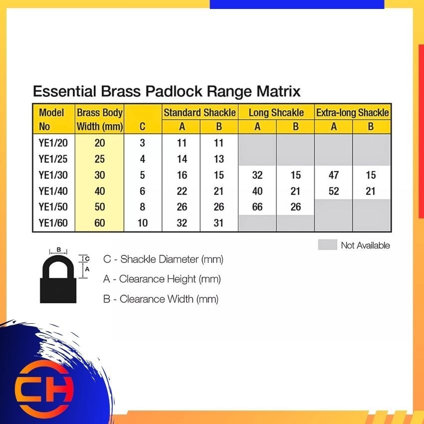 YALE Y - SERIES PADLOCK RANGE YE1 ESSENTIAL / KEYED ALIKE  BRASS PADLOCK 