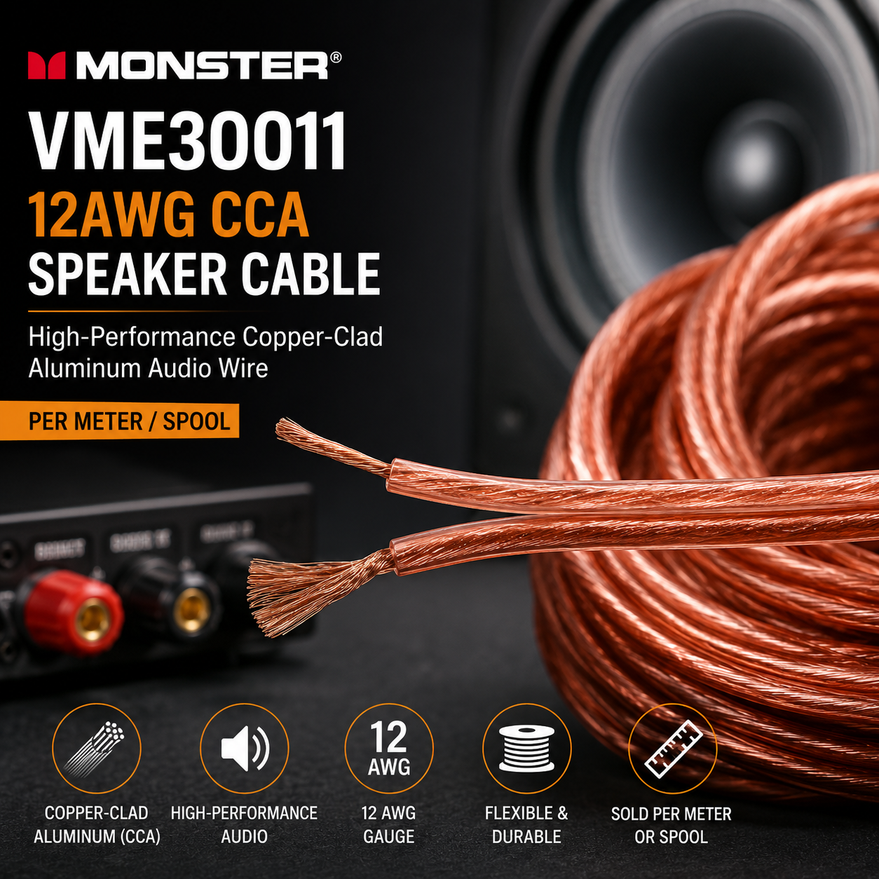 Monster VME30011 12AWG Kabel Pembesar Suara CCA – Kabel Audio Tembaga Bersalut Aluminium Berprestasi Tinggi (Per Meter/Gulungan)