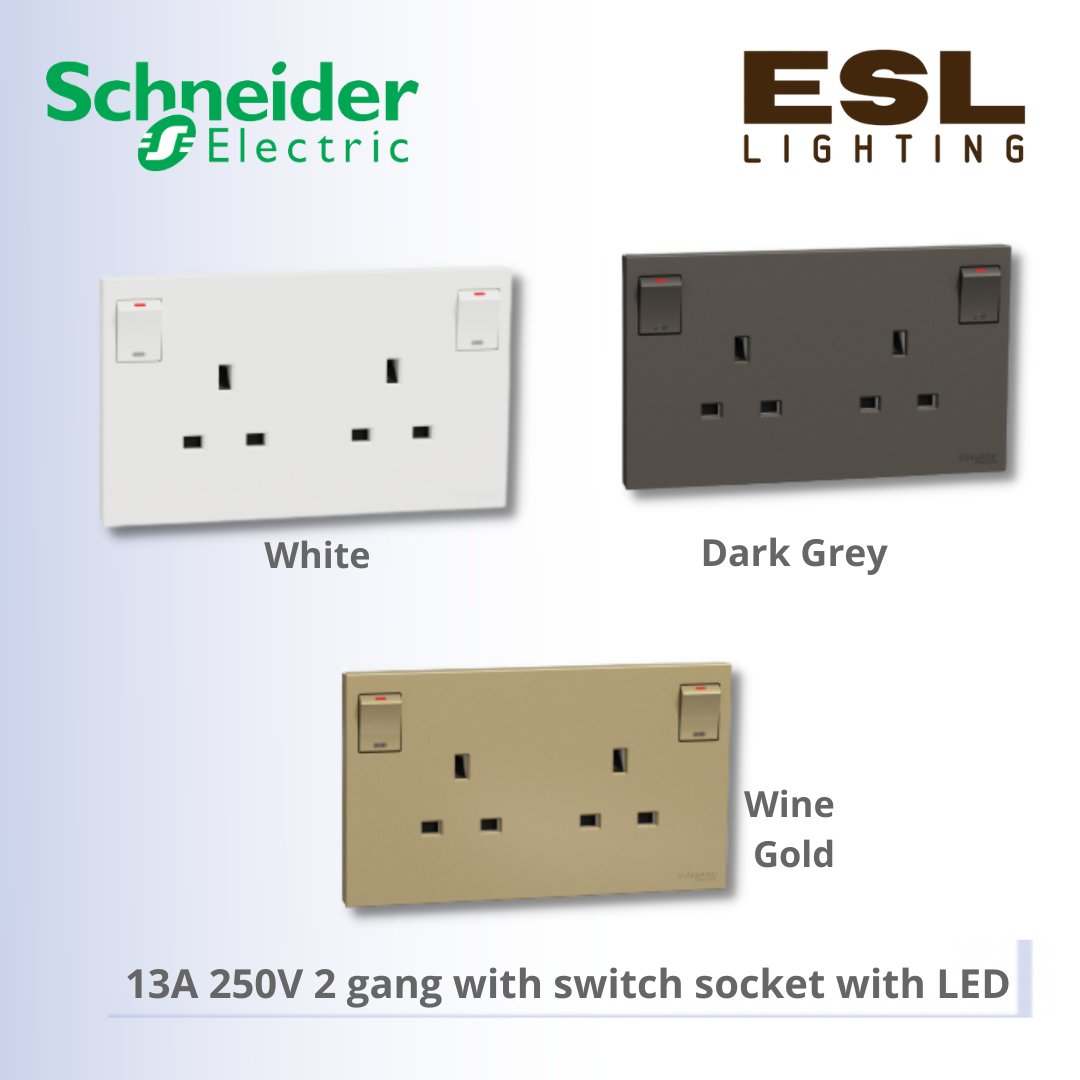 SCHNEIDER AvatarOn C 13A 250V 2 gang with switch socket with LED - E87T25N_WE_G11 E87T25N_WG_G11 E87T25N_DG_G11