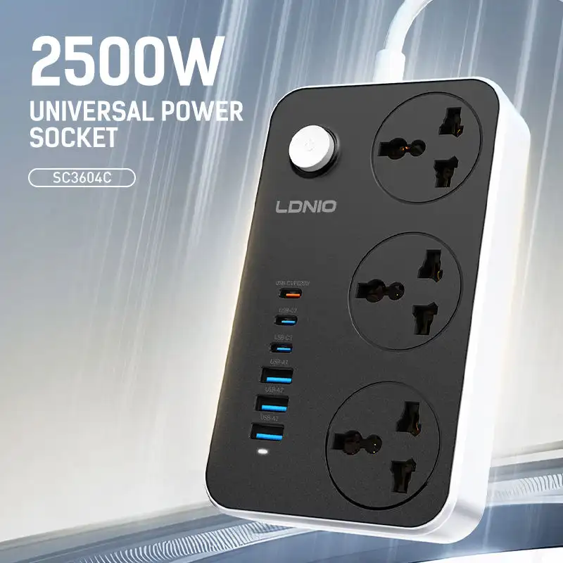 LDNIO SC3604 Power Strip with 3 AC Sockets + 6 USB Ports - Black / UK Plug