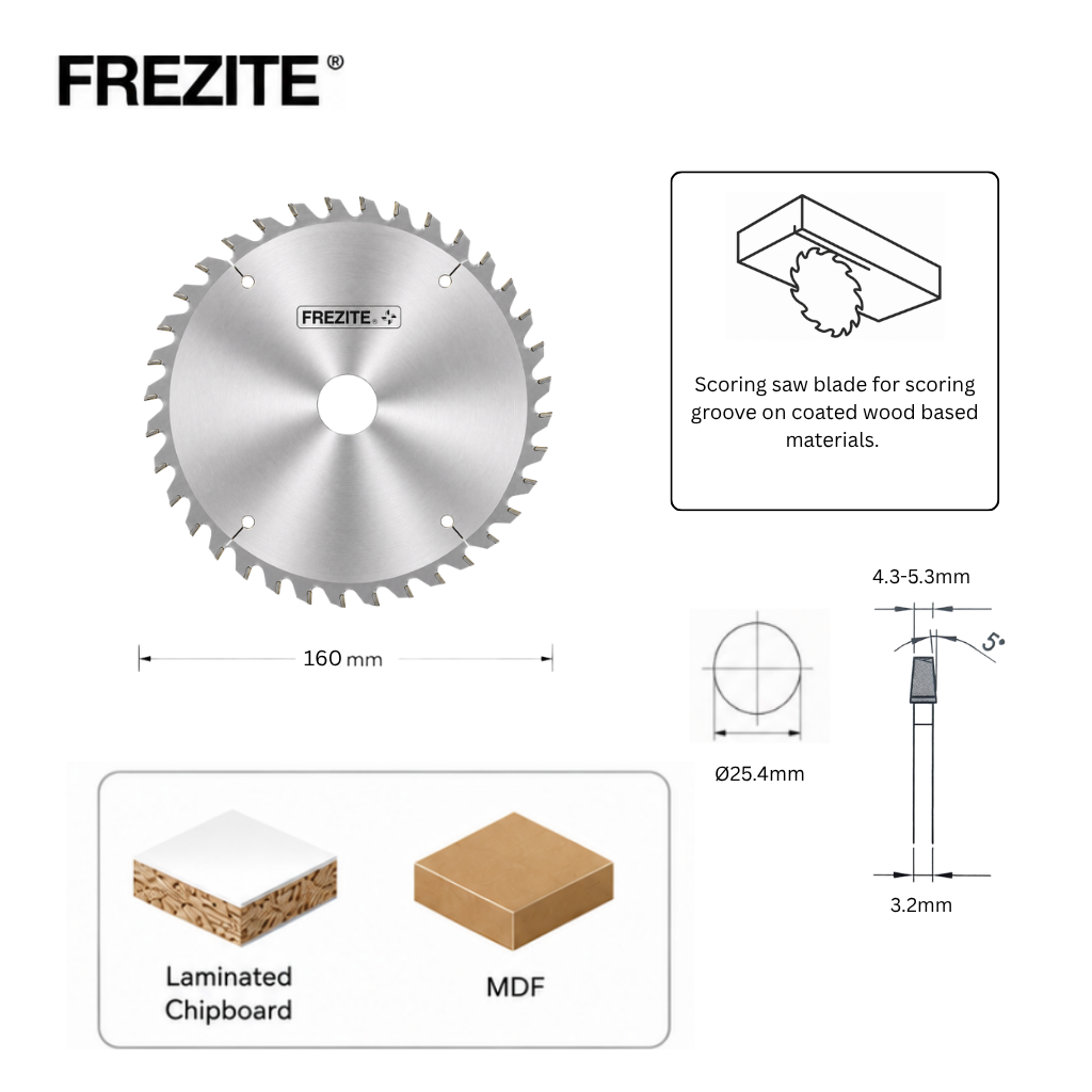Frezite 6"X 4.3-5.3  X 25.4H X 36T TCT SCORING SAW BLADE