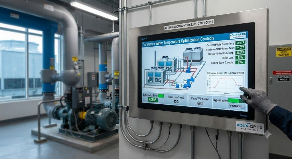 Condenser water temperature optimization controls
