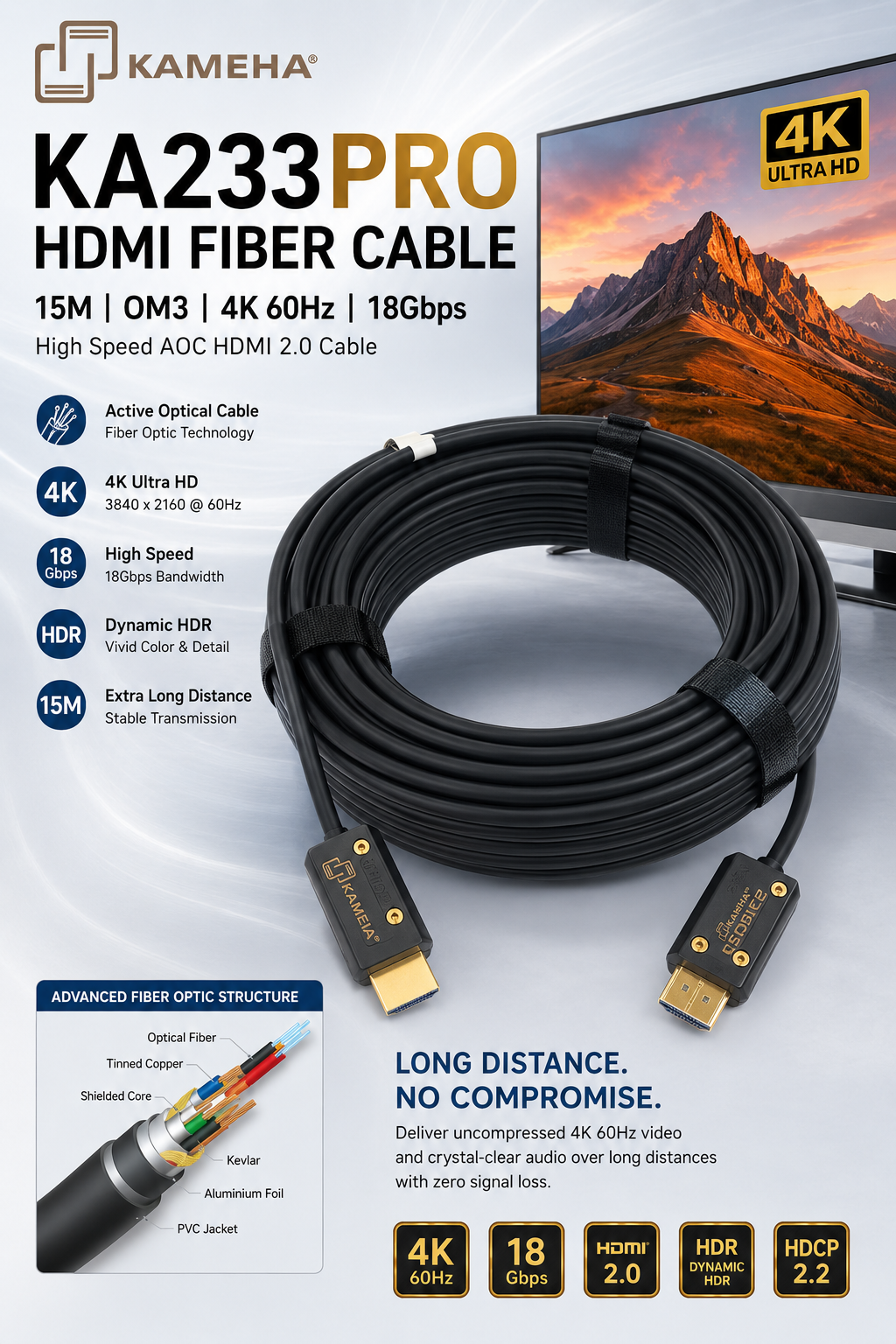 KAMEHA KA233PRO HDMI光纤线 15米 OM3 4K@60Hz 18Gbps 高清AOC光纤HDMI线（升级版）