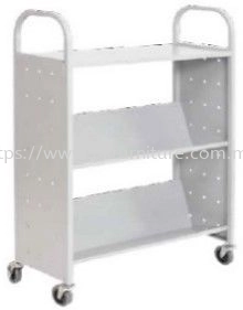 Library Shelving & Equipment - LBEM-4S-W1 - Double Sided Book Trolley with Lockable Castors ( 2 Slanting & 1 Flat Shelves)