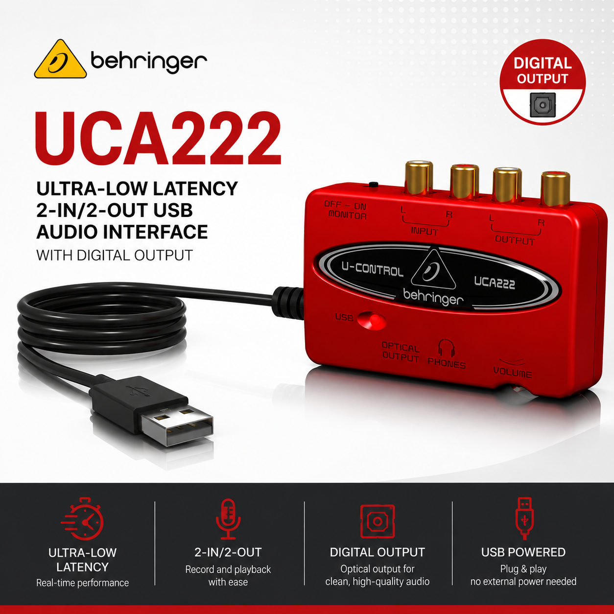 Behringer UCA222 – Antara Muka Audio USB 2-Masuk/2-Keluar Ultra-Rendah Kependaman dengan Output Digital