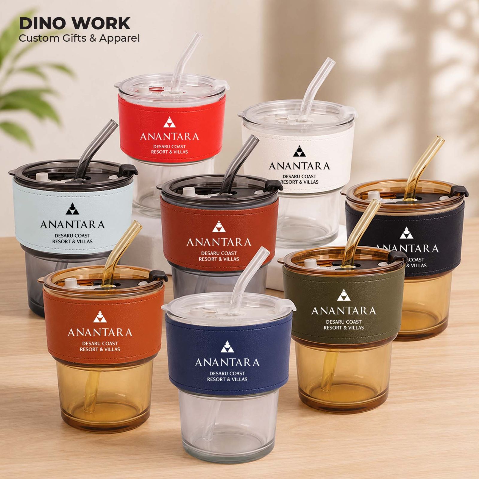 Premium Glass Tumbler with PU Leather Sleeve & Straw