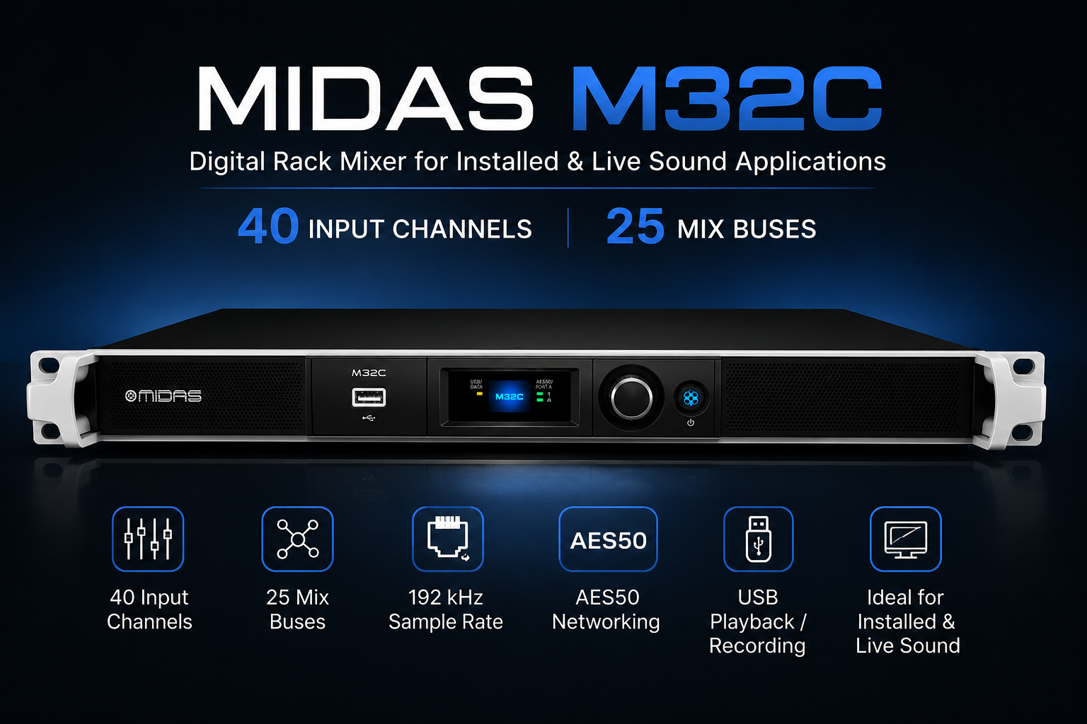 Midas M32C – 适用于固定安装与现场扩声的数字机架调音台，配备 40 路输入通道和 25 路混音总线
