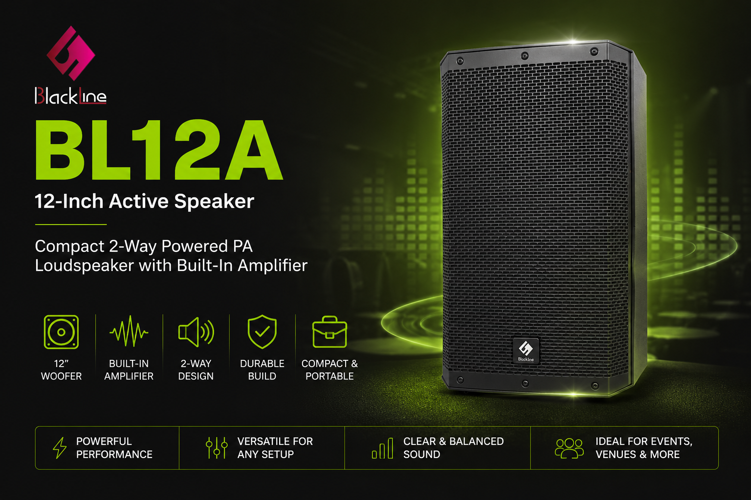 🔊 Blackline BL12A 12-Inch Active Speaker – Compact 2-Way Powered PA Loudspeaker with Built-In Amplifier