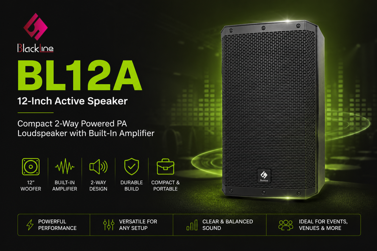 đ Blackline BL12A 12-Inch Active Speaker â Compact 2-Way Powered PA Loudspeaker with Built-In Amplifier