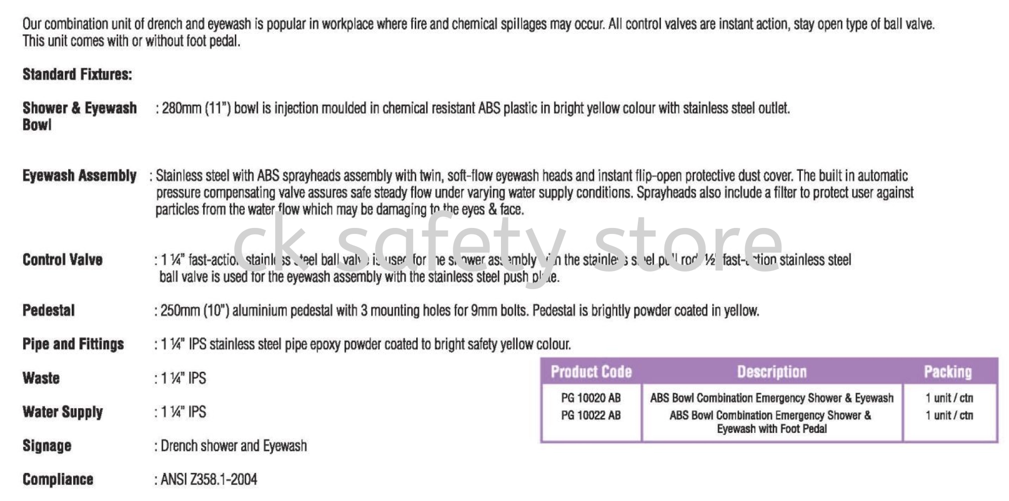 ABS BOWL COMBINATION EMERGENCY SHOWER AND EYEWASH WITH/ WITHOUT FOOT PEDAL- PG 10020 AB / PG 10022 AB