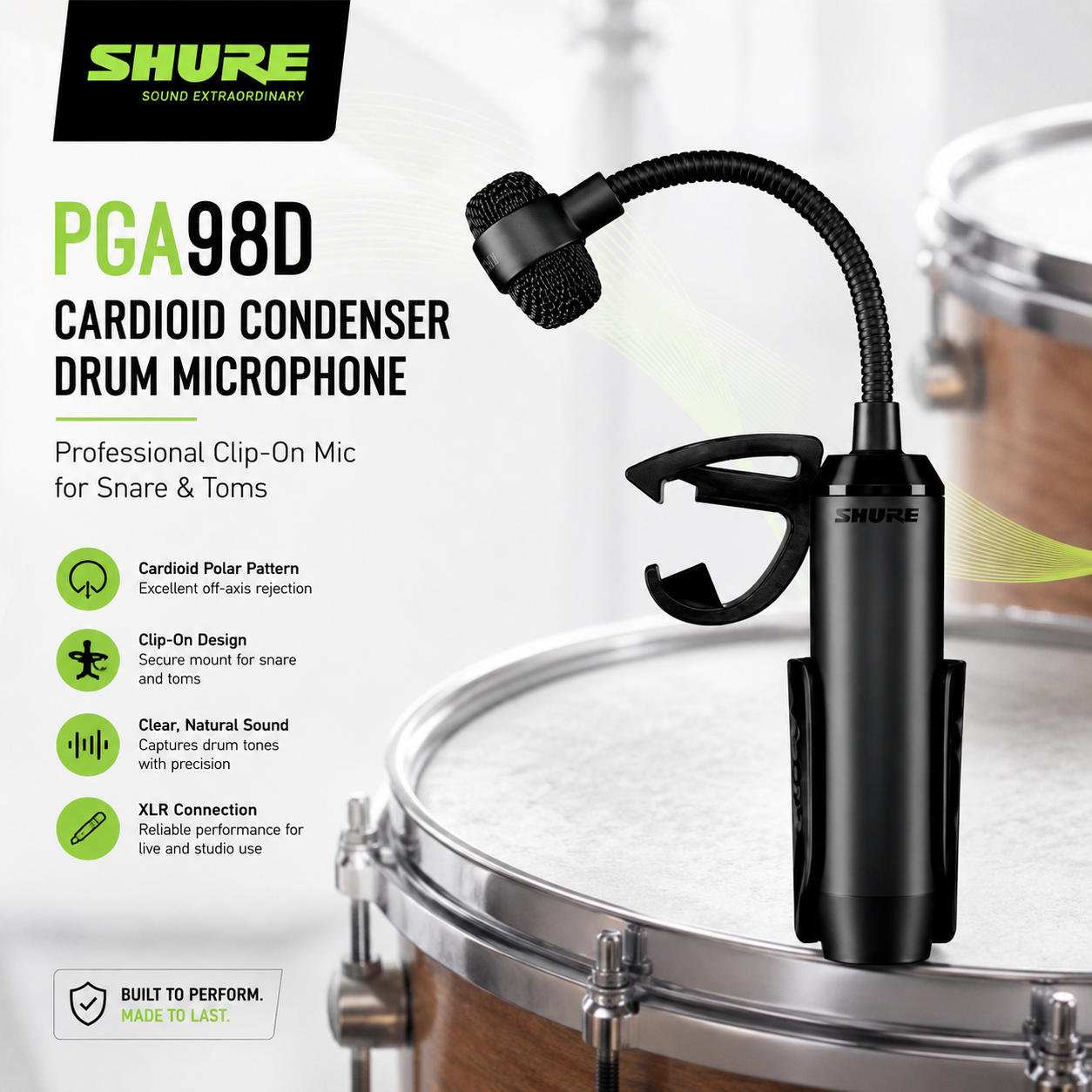 Shure PGA98D Cardioid Condenser Drum Microphone – Professional Clip-On Mic for Snare & Toms