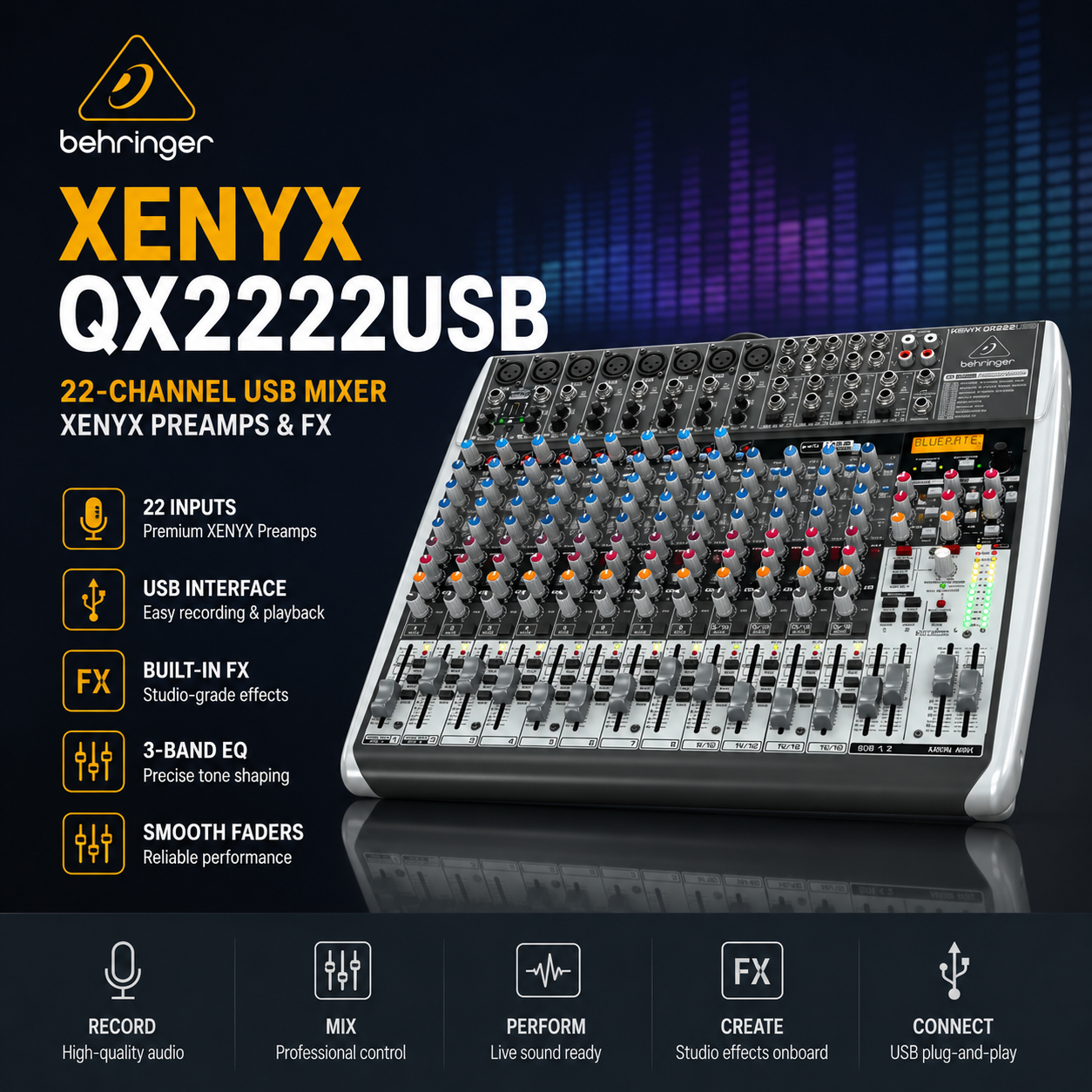 Behringer XENYX QX2222USB 22通道USB调音台 – 内置XENYX话放与效果器